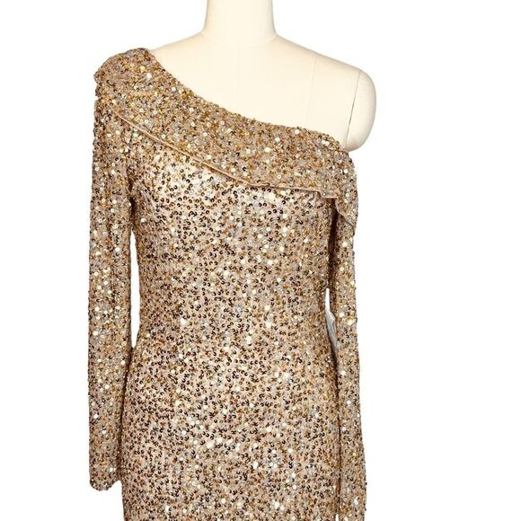 Mac Duggal Gold Sequin One-Shoulder Maxi Dress - Picture 8 of 10